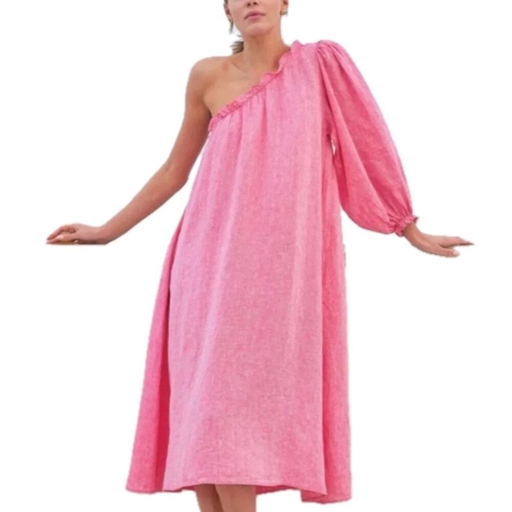 Lake Natural Linen Ruffle Trim Pink One Shoulder Long Sleeve Milly Midi Dress